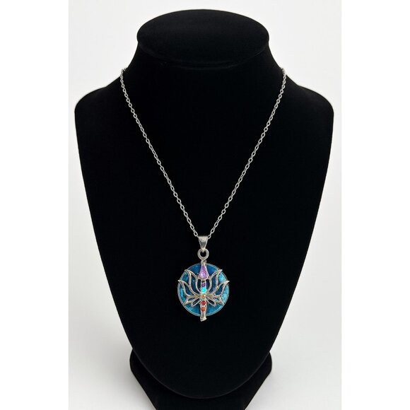 Early 2000s Lotus Chakra Pendant Necklace – Silver Tone with Iridescent Blue Ena - Picture 1 of 5